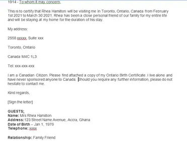 Invitation Letter For Canada Visa Sample For Parents F